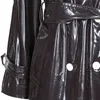 Damenjacken Nerazzurri Langer wasserdichter Trenchcoat aus schwarzem Lackleder für Damen, zweireihiger, schillernder, übergroßer Ledermantel 7xl 231204