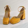 Sandali Giallo Bianco Quadrato Punta chiusa Piattaforma Donna Mary Jane Décolleté Extra Big Size 48 49 50 Piedi Scarpe Tacco grosso