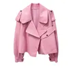 Women's Leather Spring Women Faux Jacket Biker Pink Coat Turndown Collar PU Motorcycle Jackets Loose Streetwear Casual Outerwear