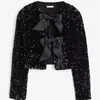 Vestes Femmes Tie-Front Bow Veste à paillettes pour femmes Chic Vacances Manteau étincelant Femme Manches longues Sexy Crop Top Brillant Soirée