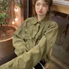 Kvinnorjackor Biyaby Army Green Long Sleeve Thin Women American Retro Drawstring Croped Coat Kvinnlig streetkläder Lös jacka