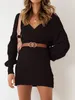 Casual Kleider Solide Rippen Gestrickte Mini Kleid Für Frauen Elegante V-ausschnitt Langarm Bodycon 2023 Herbst Dame Chic Streetwear Robe