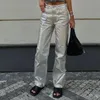 Pantalon Femme Hirigin Femmes Rétro Y2K Métallisé Brillant Jeans Casual Couleur Solide Taille Haute Jambe Droite Denim Disco Club Party Streetwear