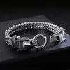 Presentes de Natal Cristais 316L fundição de aço inoxidável Figaro link Chain bracelet duplo Skull End bangle bracelet mens boy jóias silv228n