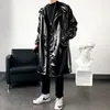 Men's Trench Coats #4209 Black Silver Faux Leather Trench Coat Men Loose Motorcycle Shiny Surface PU Windbreaker Men Hooded Casual Long Coat Loose 231204