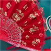 Chinese Style Products Chinese Style Products Wedding Fan Red Veet Golden Tone Print Bride And Groom Happy Marriage Glitter Hand Home Dhvqz