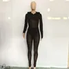 Kvinnors tvådelade byxor Szkzk Sexy Mesh Set Evening Party Clubwear Hooded Tops och se genom Night Club Outfits för Women BodyCon Sets