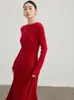 Robes décontractées SuyaDream Femmes Hiver 50% Laine Mérinos O Cou Slim Longue Robe 2023 Automne Vêtements élégants Rouge Noir