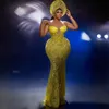 Abiti da ballo Aso Ebi giallo chiaro Sirena che borda il collo trasparente Abito formale in pizzo Illusione Abito da secondo ricevimento per ragazze nere Abito da sera Abiti da spettacolo ST597