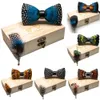 Krawaty szyi Jemygins Oryginalny projekt muszki Naturalne pióro wykwintne ręcznie Męcze luksusowe remis drewniane pudełko na prezent z zestawem weselny 231204