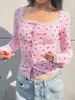 Camisetas para mujer Mujer Primavera Otoño Adorno de encaje Estampado floral Crop Tops Manga larga Cuello redondo Camisetas con botones Estética Kawaii Ropa ajustada