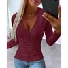 Pulls pour femmes Femmes Mode Solide Slim Côtelé Skinny Tops Casual Chemise de base Automne Élégant Croix Ruché Col V Wrap T-shirts Blanc