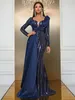 Prachtige Blauwe Pailletten Moeder Van De Bruid Jurk 2023 Elegante Lange Mouwen Satijnen Bruidegom Zeemeermin Avond Jurken Luxe Arabische Abaya Gala formele Gelegenheid Jurken