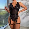 Sexy traje sexy bodysuit renda preto listrado roupa interior feminina ligas erótico catsuit ursinhos lingerie macacão trajes porno