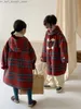 Down Coat Brother and Sister Children's Coat 2023 Winter Boys Girls Korean Grid One Piece Plush Kid Coat Thicked Hooded Mid Length Top Q231205