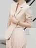 Kvinnors tvåbitar byxor Autumn Korean Fashion Women Blazer Suits Casual Vintage Pleated Jackets Straight Pantsuit Long Sleeve Business 2 Pieces Outfits 231205