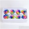 Flores secas Grado A Preservado Rainbow Rose Head Eternelle Roses para el banquete de boda Accesorios de decoración del hogar DIY Caja de regalo Favor Y Dhjb7