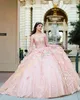 Robe de Quinceanera scintillante, manches illusion, bal de débutante, coing mexicain doux, robe de fête d'anniversaire 15/16 pour 15e fille, drame d'hiver, bal formel, gala, orchidée, or