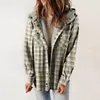 Women's Jackets Women Coats Long Sleeve Hooded Covered Button Print Plaid Cardigan Pockets High Street Loose Fit Outerwear Autumn