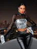 Women's T Shirts 2023 Fashion Sequin Perspective Mesh långärmad topp Sexig elegant Women Party Casual tyg Sparkly Glitter Nightclub Wear