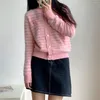 Женский вязаный саребон - женский вязаный свитер в полоску, кардиган с длинным рукавом и круглым вырезом, розовый, с небольшим ароматом, дизайн, мода 2023