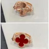 18K GOLD Luxury Clover Brand Rings for Women Girls NICE TONTATE Double SIDE RED STONE DAIMOND PLANVERS FLOWER LASER LOVE RING ANILLOS JOLLEDRY