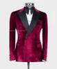 Men's Suits Oxblood Red Velveteen Peaked Lapel Men Groom Prom Tuxedo Blazer Trousers For Wedding Wear 2Pcs Jacket Black Pants Outfit