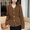 Women's Blouses Elegant O-Neck Solid Color All-match Folds Shirt Female Clothing 2023 Autumn Oversized Casual Tops Loose Asymmetrical Blouse