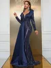Impresionante vestido de lentejuelas azules azules de la novia elegantes mangas largas Satin Mermaid Vestidos de fiesta de la noche árabe Abaya Prom Formal OCN Vestidos 403