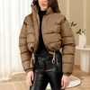 Jaquetas femininas casacos de inverno recortados puffer zip up gola bolsos manga longa quente na moda curto para baixo das mulheres jaqueta topos