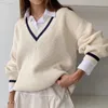 Suéteres femininos Houzhou suéter estilo dinheiro antigo outono inverno coreano casual solto manga comprida listrado decote em v pullovers preppy 231204