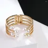 Bangle Imitation Pearl Cuff Bracelets For Women Stainless Steel Hollow Alloy Charm Accessories Geometric Open Bangles Party