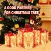 Christmas Decorations Set of 3 60 LED Lighted Gift Boxes Transparent Warm White Box Decrations Presents Boxs with Red Bo 231204