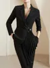 Kvinnors tvåbitar byxor Autumn Korean Fashion Women Blazer Suits Casual Vintage Pleated Jackets Straight Pantsuit Long Sleeve Business 2 Pieces Outfits 231205