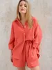 Kvinnors tvåbitar byxor långärmad skjortor och lösa höga midjeströdsuppsättningar Summer Loung Wear Women's Pyjamas Suits Casual Ytterkläder Tvådeluppsättning 231205