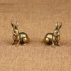 1 Pair Antique Copper Zodiac Lucky Rabbit Statue Ornaments Vintage Solid Brass Animal Miniature Figurine Tea Pet Desk Decoration Y232A