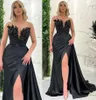 Elegant Long Black Plus Size Arabic Evening Dresses Deep V Neck Lace Beaded with Slit Mermaid Sweep Train Party Gowns for Women