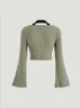 Kvinnors tröja Kontrast Collar Bell Sleeve Crop Tee Halter Western Ribbed Knit Slim Long Shirts Tops Elastic Basic Stretch 231205