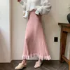 Rokken Skorts SURMIITRO Zoete Roze Gebreide Lange Rok Vrouwen Herfst Winter Koreaanse Elegante Contrast Zoom Hoge Taille Geplooide Midi Rok Vrouwelijke 231206