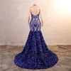 Royal Cascading Ruffles Blue Mermaid Prom Dresses Sequined Lace Flowers Halter Neck Backless Long Women Evening Party Gowns Custom Made BM