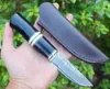 Survival Straight Knife VG10 Damascus Steel Drop Point Blades Ebony + Horn + Brass Head Handle Fixed Blade Small Hunting Knives & Leather Sheath