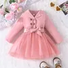 Girl's Dresses 0-5Y baby girl autumn dress children's long sleeved pioneer patch work sheer ball dress with belt children's fashion clothing 2312306