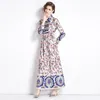 Rétro Floral Casual Boho Maxi Robe Robe À Manches Longues Femme Designer Revers Slim À Lacets Arc Coupe Élégante Robes Froncées 2023 Printemps Automne Fête Piste Vacances Robes