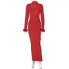 Casual Kleider Prom Rotes Kleid Abend Party Club Y2K Outfit Feder Lange Ärmel Herbst Frauen Elegante Helle Linie Sexy bodycon