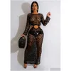 Basic Casual Dresses Sexy Shinny Sequined Knit Rib Long Dress Women Summer 2023 Hollow Out See Through Club Beach Wear Er Maxi Y2K Dhgzp