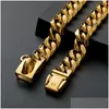 Dog Collars Leashes Gold Chain Collar 18K With Secure Buckle Stainless Steel Metal Chew Proof Heavy Duty Cuban Link For Medium Large D Dhjk3