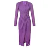 Casual Dresses Sexy Nightclub Style Prom Dress Women Elegant Purple Shiny Bright Rhinestone Pleated Folds Slit Robe Lady Evening Party