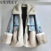 Womens Fur Faux Personalidade Acessível Luxo Lapela Design Casaco Inverno Peludo Costura Lantejoulas Denim Solto Slimming Puffer Jacket 231206