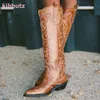 Boots Embroidered Knee High Western Cowboy Genuine Leather Buffed Solid Blue Pointed Toe Square Heel Slip On Fashion Sexy Shoes 231206