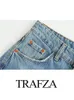 Women s Jeans TRAFZA Woman Fashion Stitching Blue Gradient Wide Leg Pant Chic Pocket Zipper Decorate Denim Long 231206
